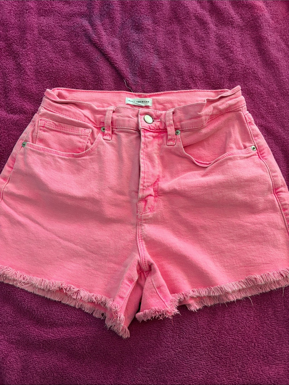 Good American Bubblegum Pink Denim Cutoff Shorts